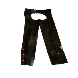 VTG Hot Leathers Unisex Black Leather Motorcycle Chaps L Adjustable, Belted Lace